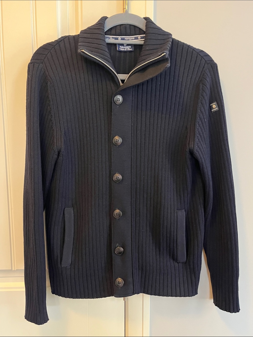 Navigare Vento di Mare Black Ribbed Knit Full-Zip Wool Blend Cardigan Sweater S